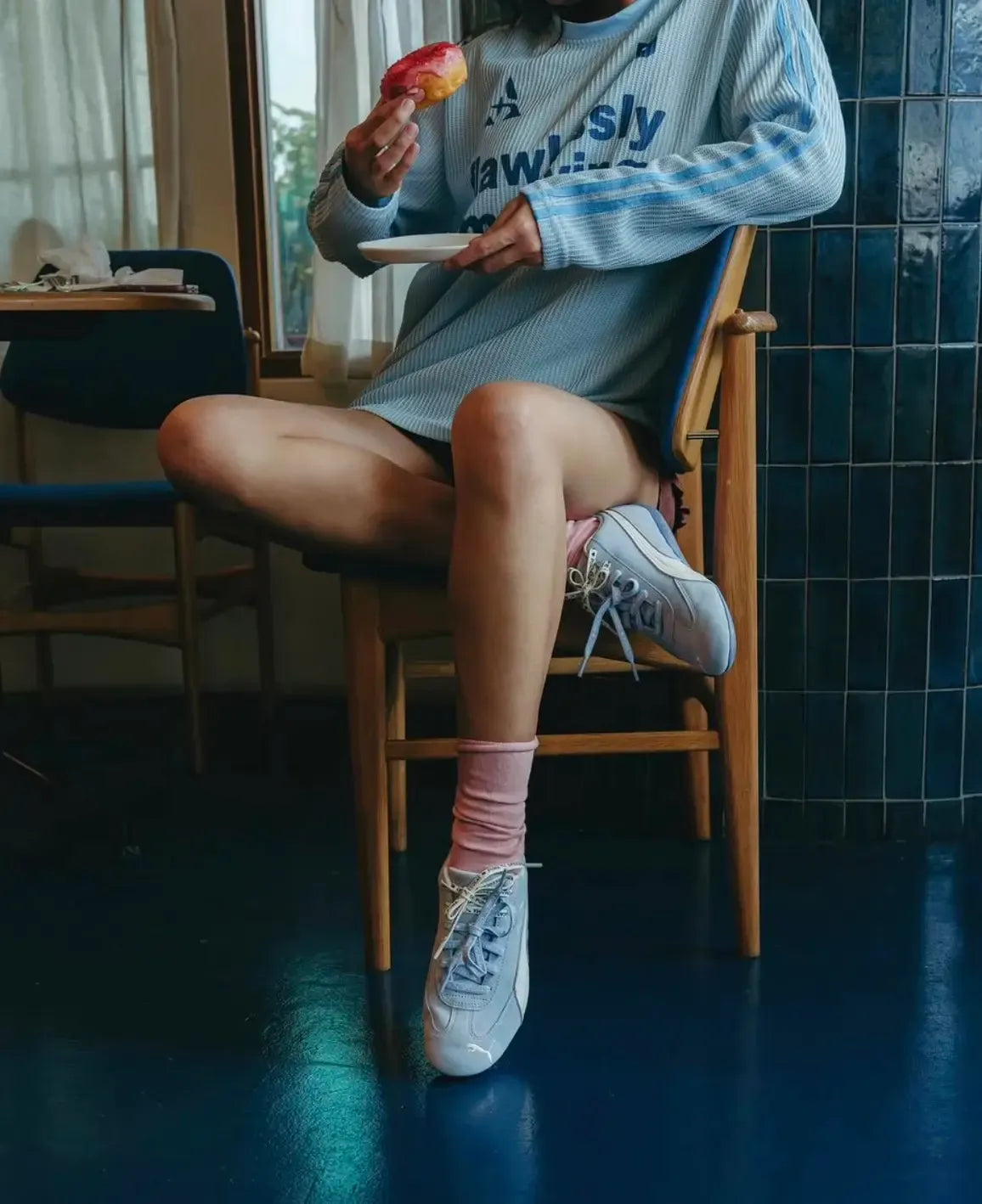 Model wearing PUMA Speedcat Duo Lace in Snow Mountain Blue