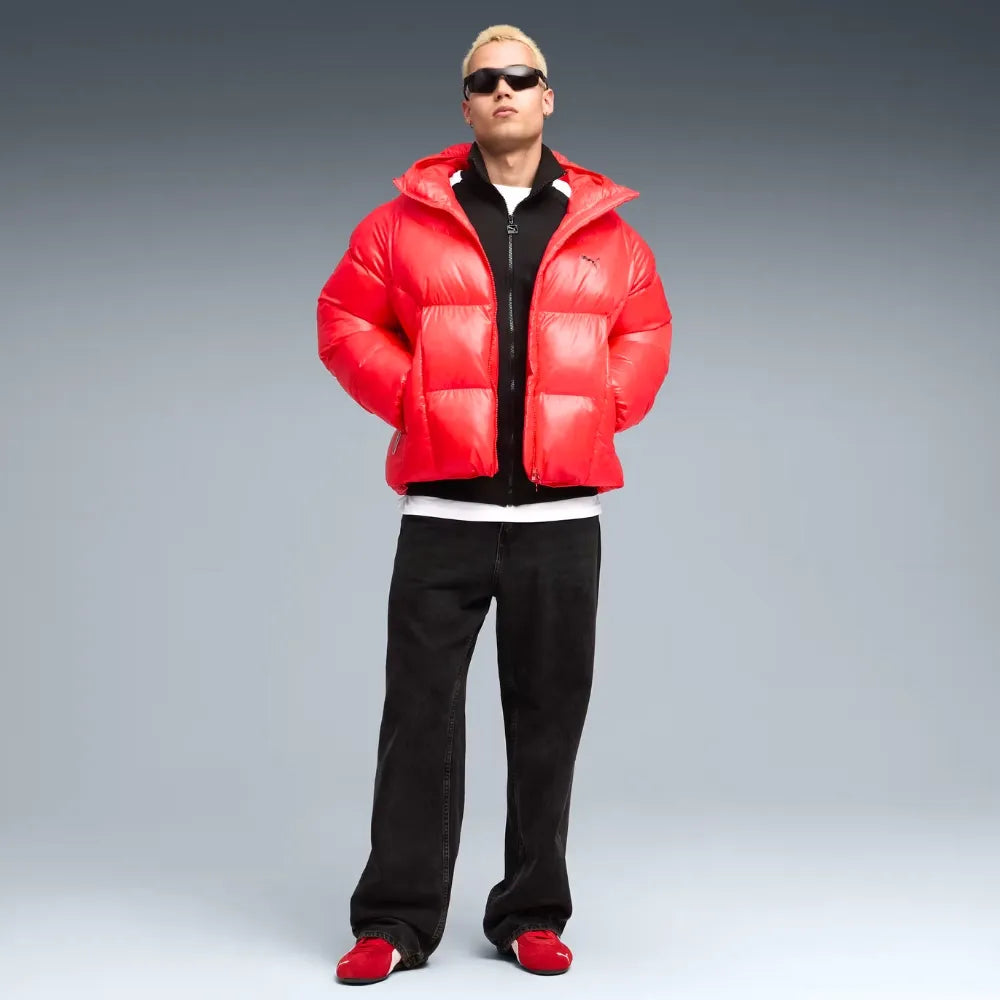 Model wearing PUMA Speedcat Go Shoes in Red and PUMA White