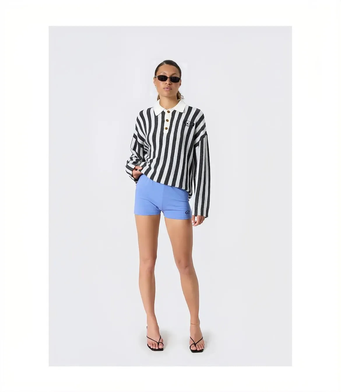 Model wearing RESUME MillerRS Knit Polo Grey Stripe