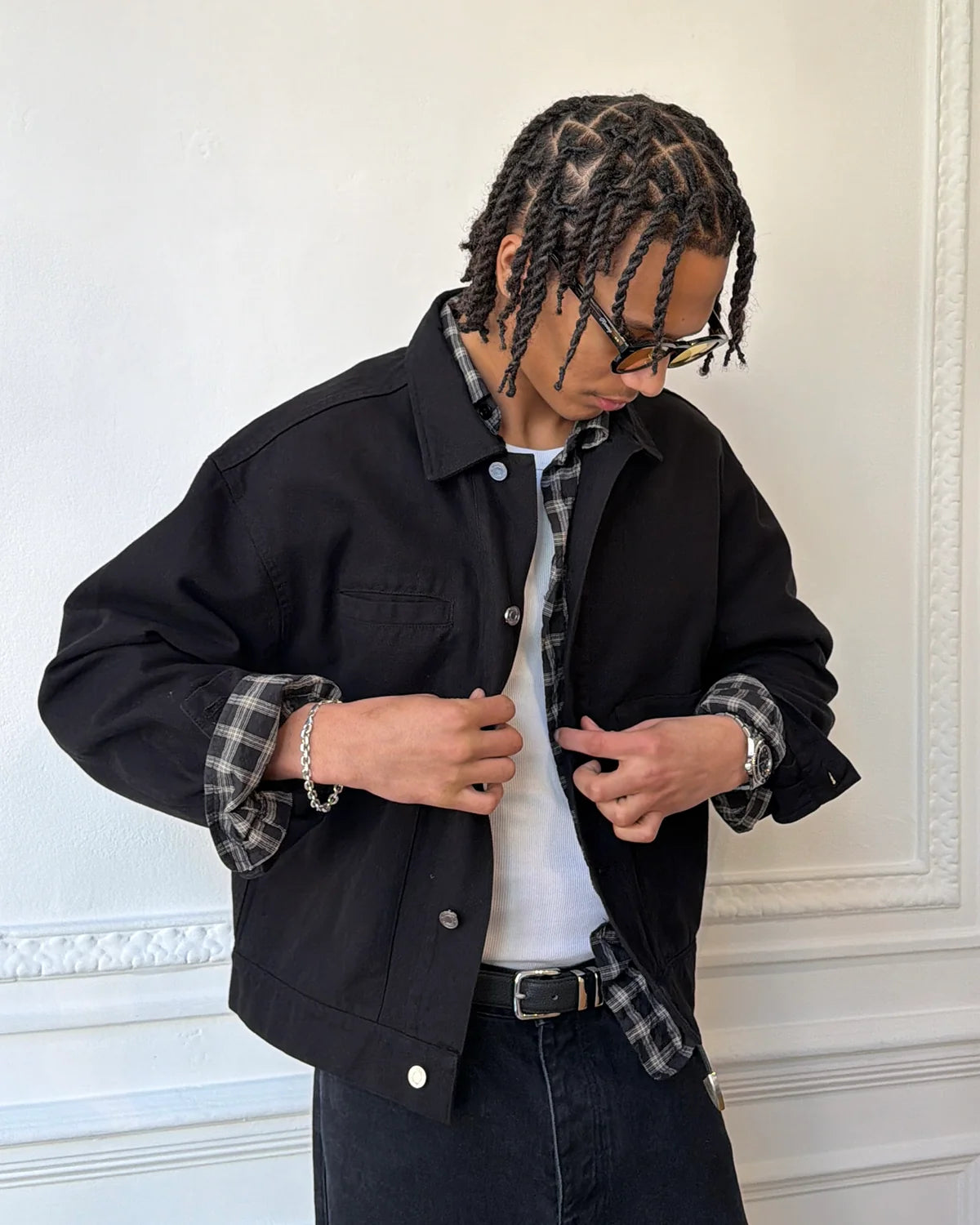 Close-up of model wearing Ronning Fatigue Jacket in Black