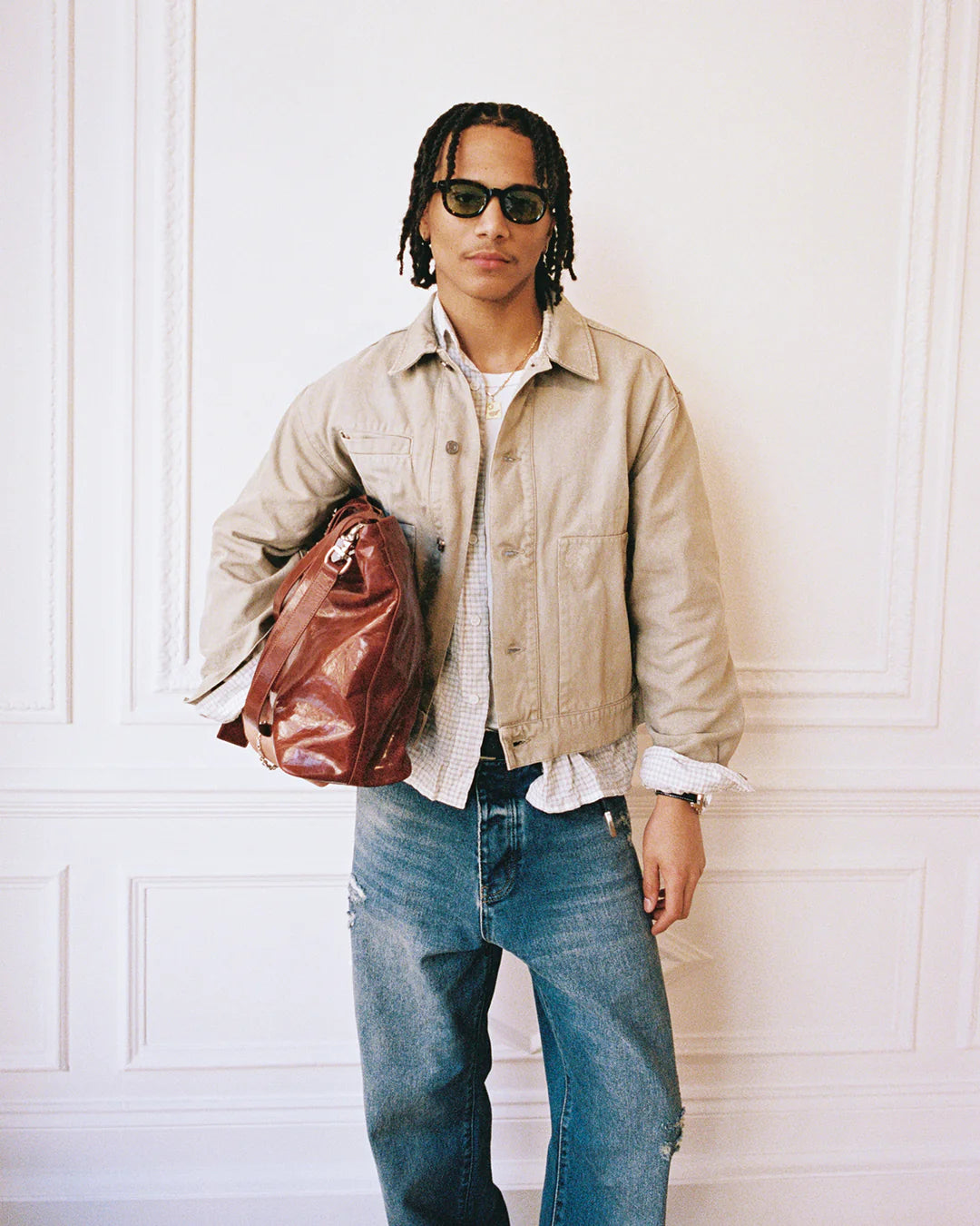Model wearing Ronning Fatigue Jacket in Sand lifestyle view