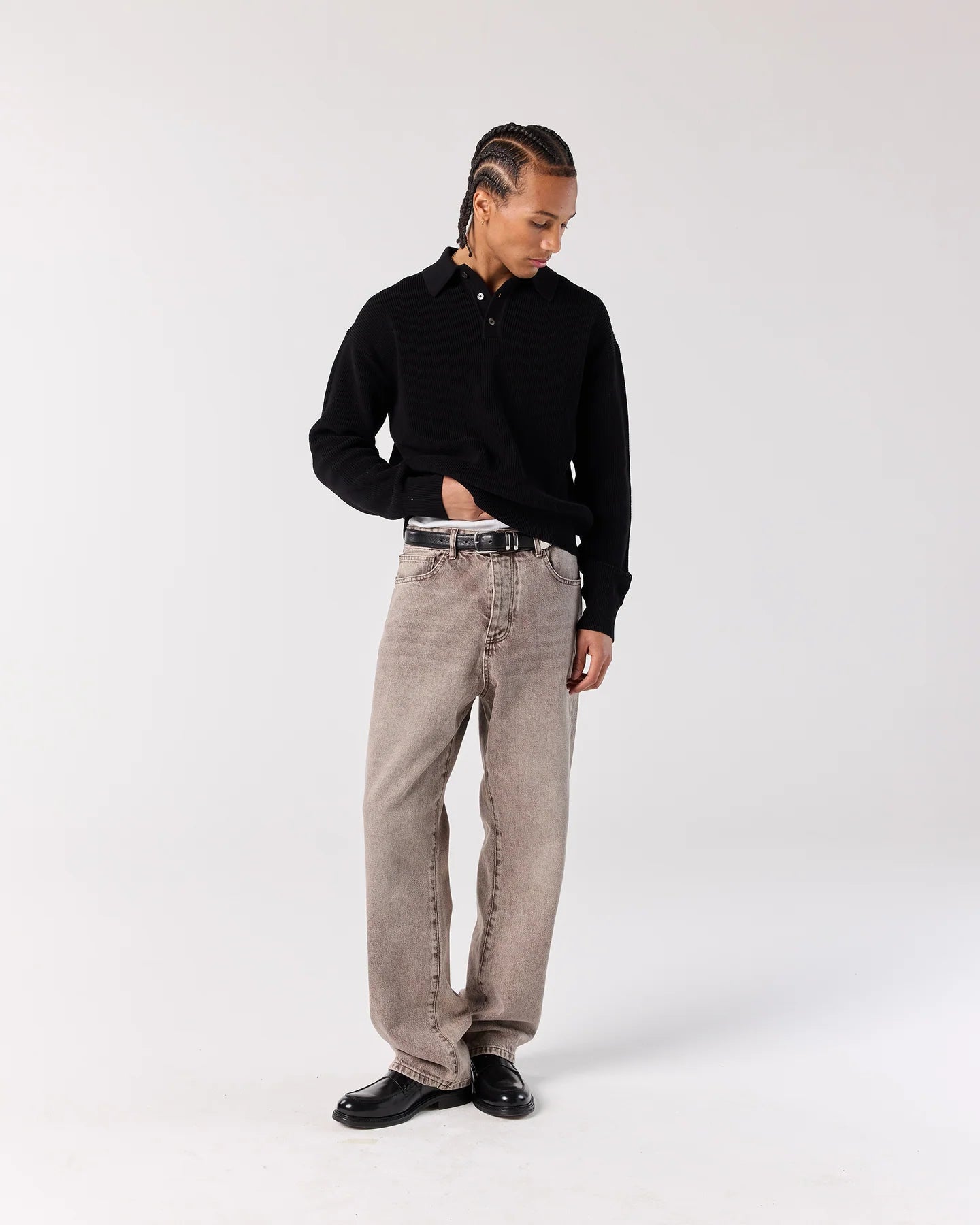 Full outfit styling with RONNING Knit Polo Sweater in Black