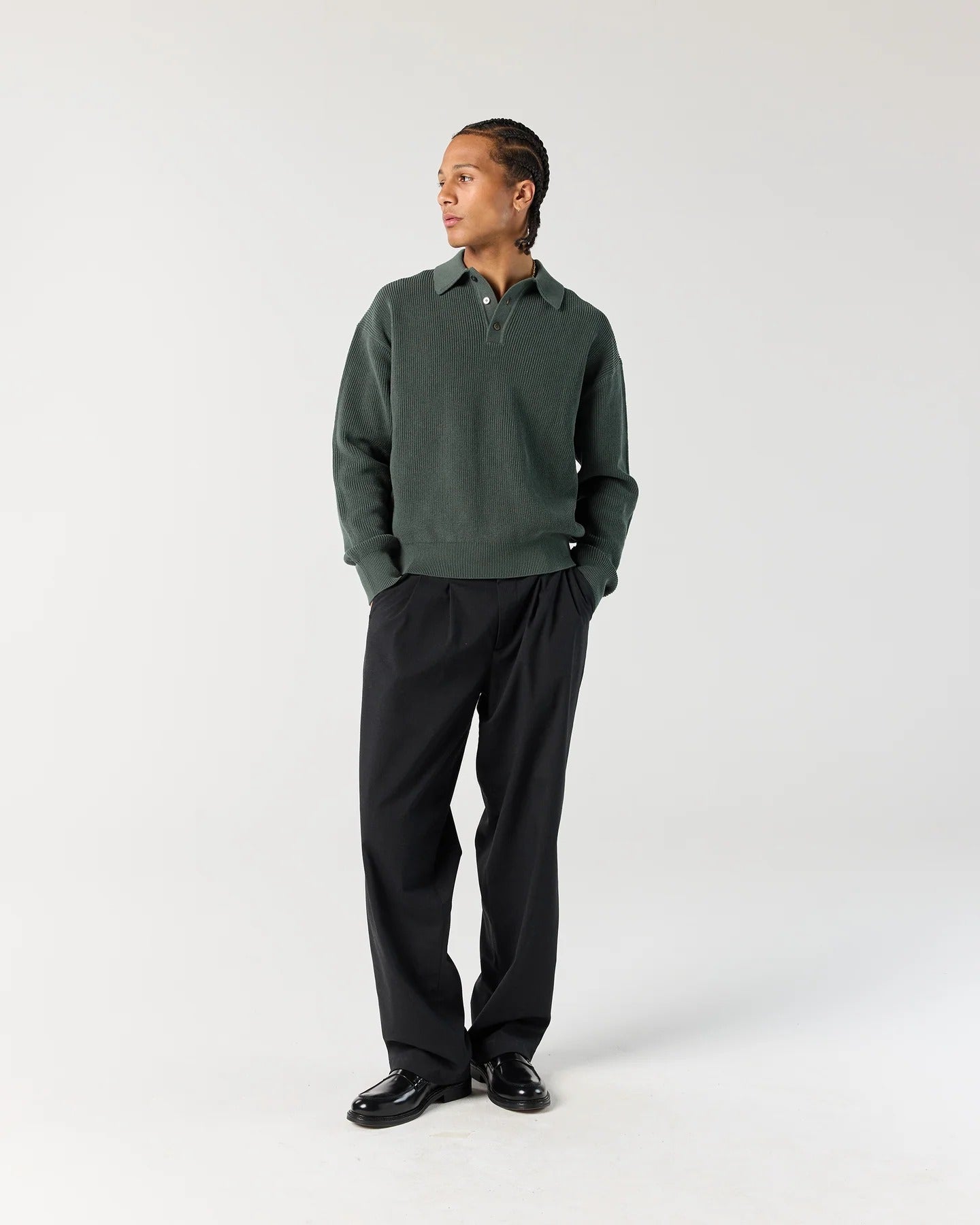 Full outfit styling with RONNING Knit Polo Sweater in Sage Green