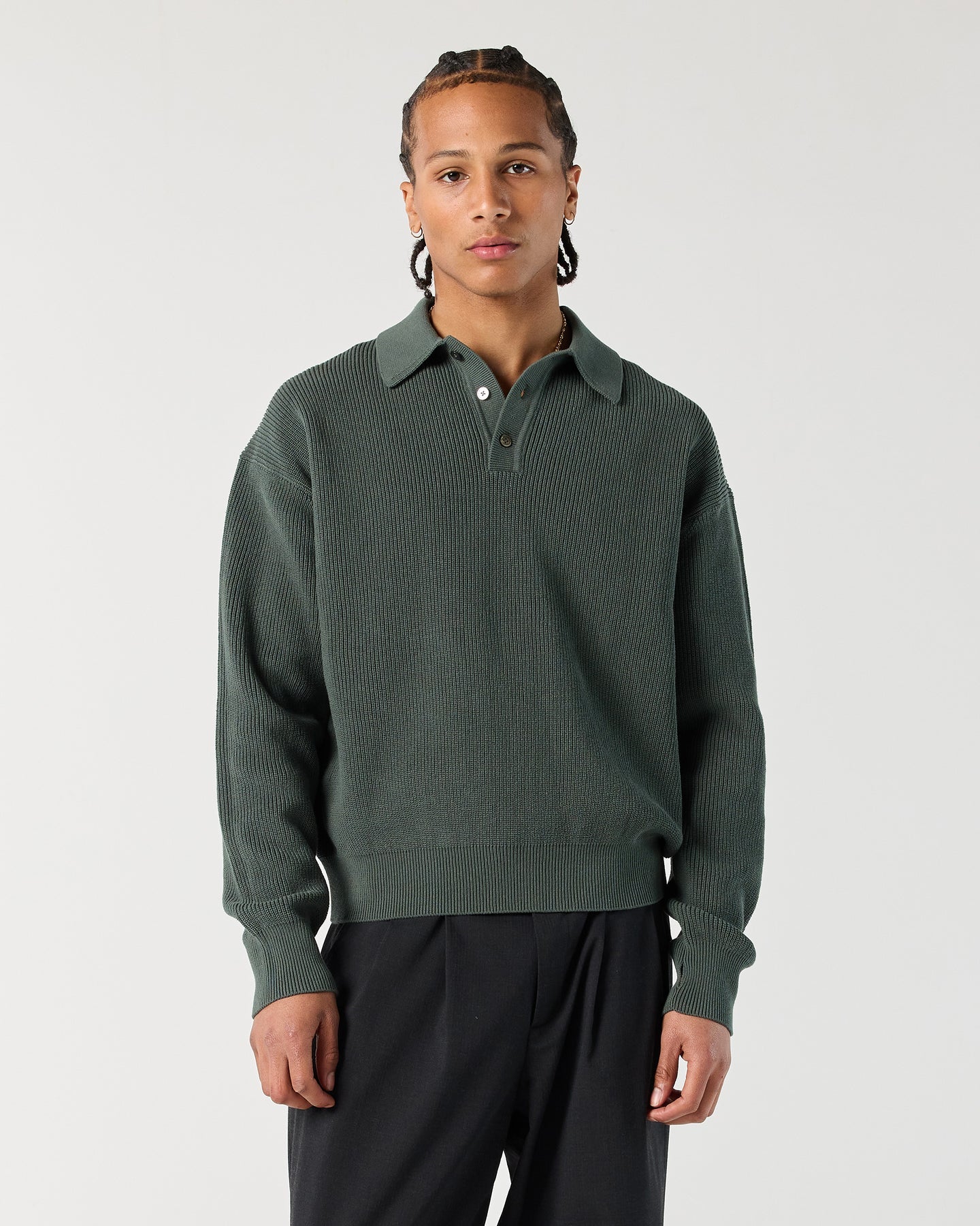 Model wearing RONNING Knit Polo Sweater in Sage Green