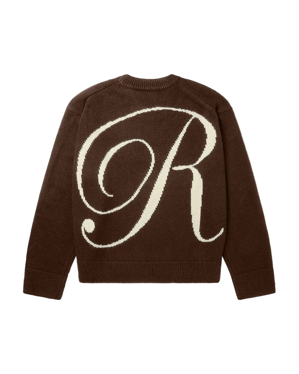 RONNING R Knit Sweater in Mocha Brown with back graphic
