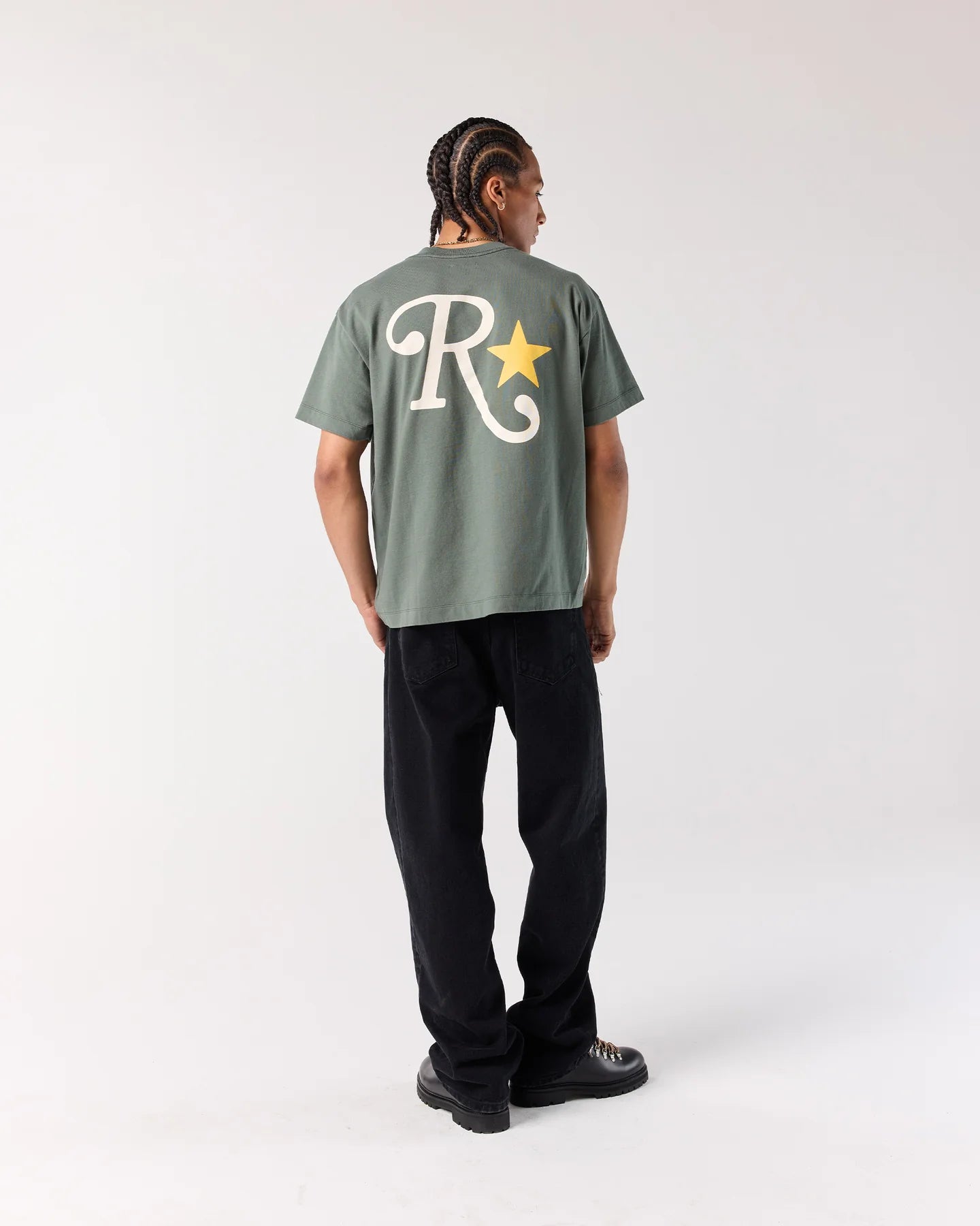 Back view of model wearing RONNING Star Tee in Sage Green