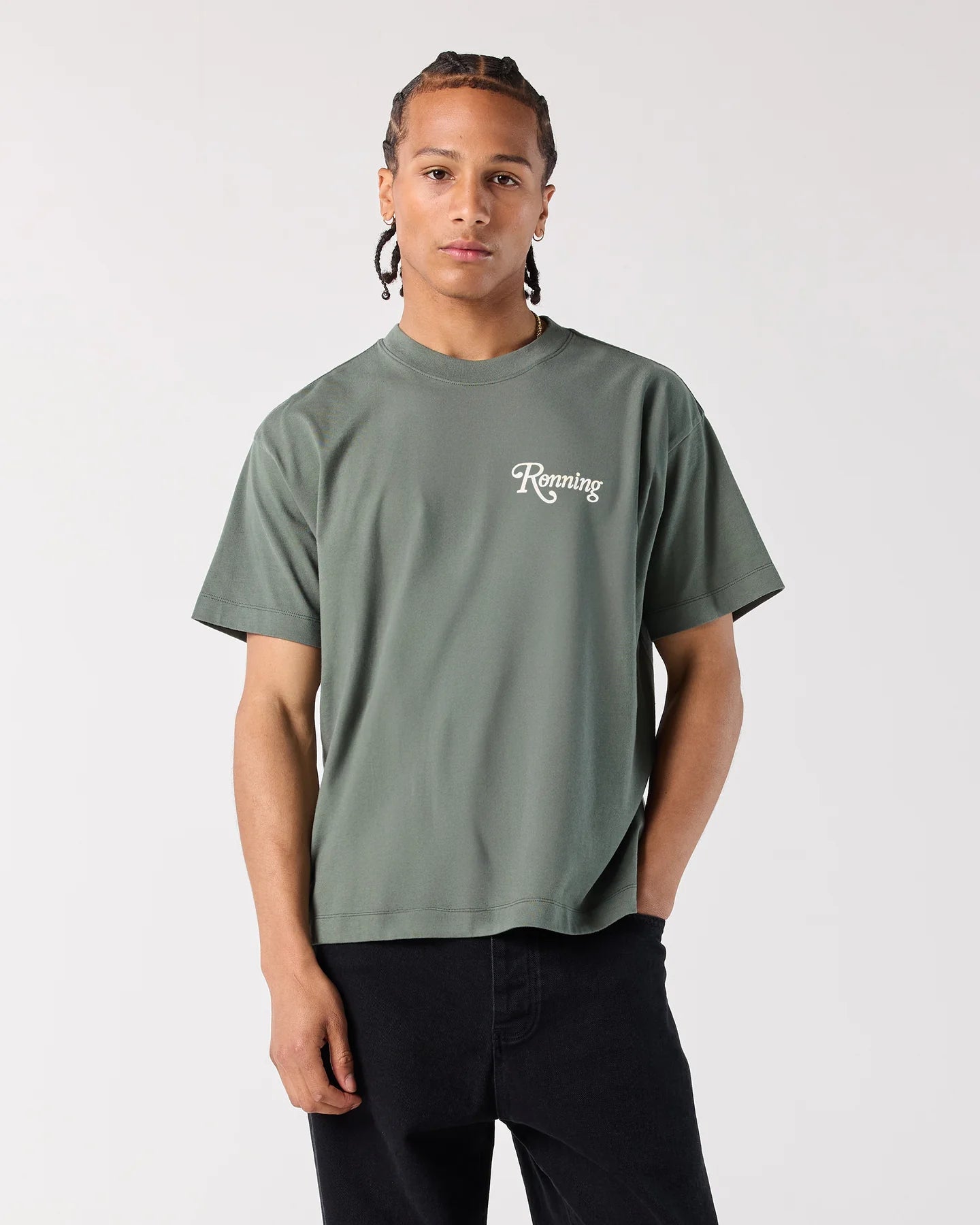 Model wearing RONNING Star Tee in Sage Green
