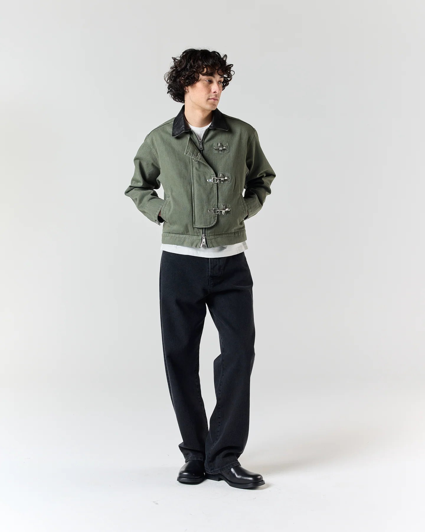 Full outfit styling with RONNING Utility Fireman Jacket in Olive Green