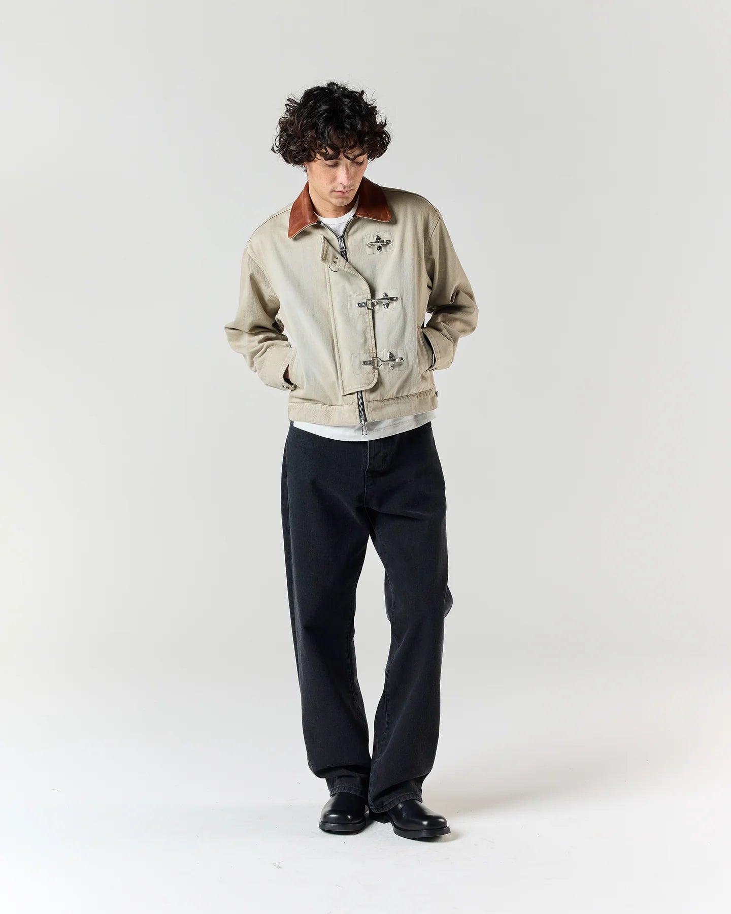 Full outfit styling with RONNING Utility Fireman Jacket in Washed Sand