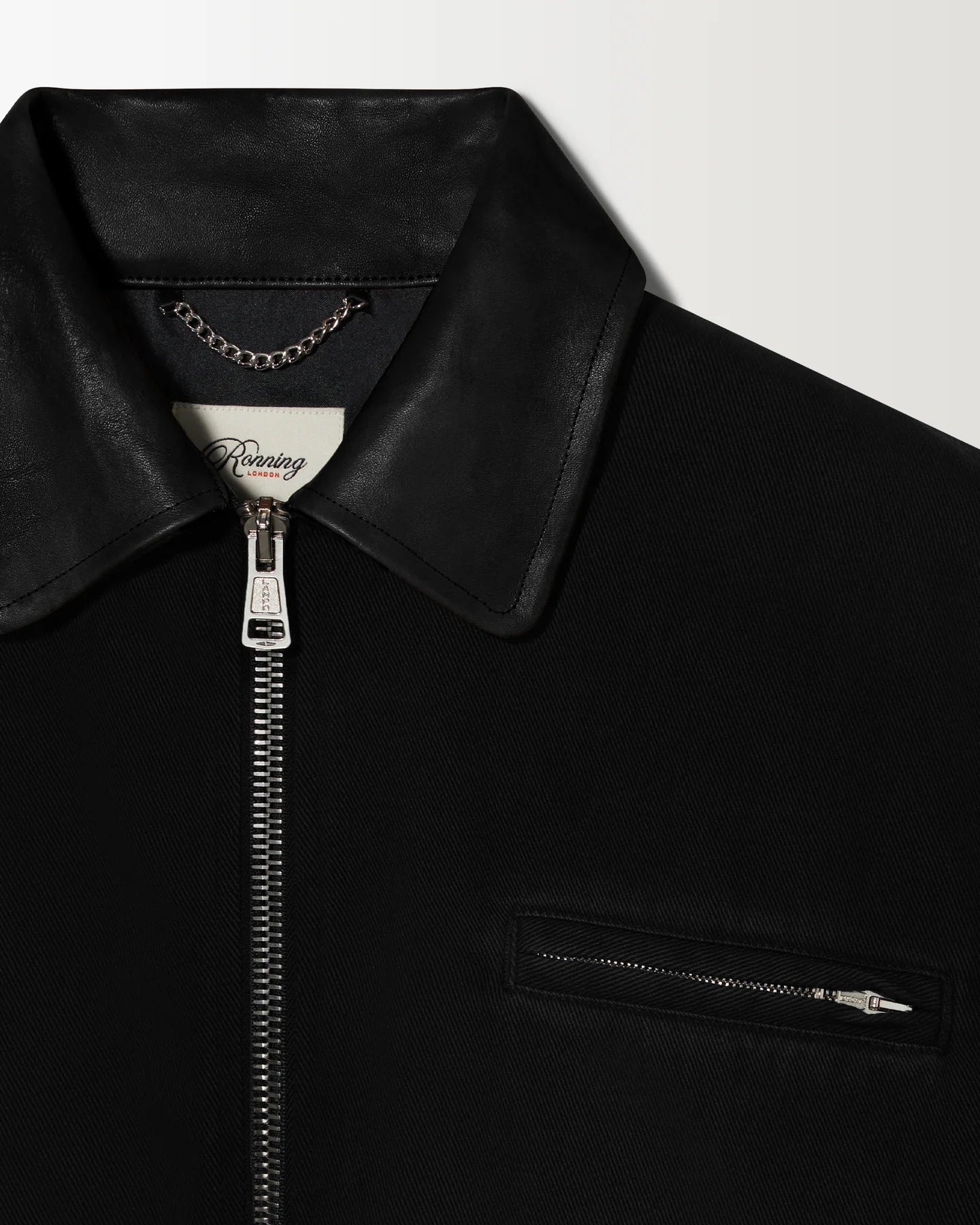 Leather collar detail of RONNING Work Jacket in Black