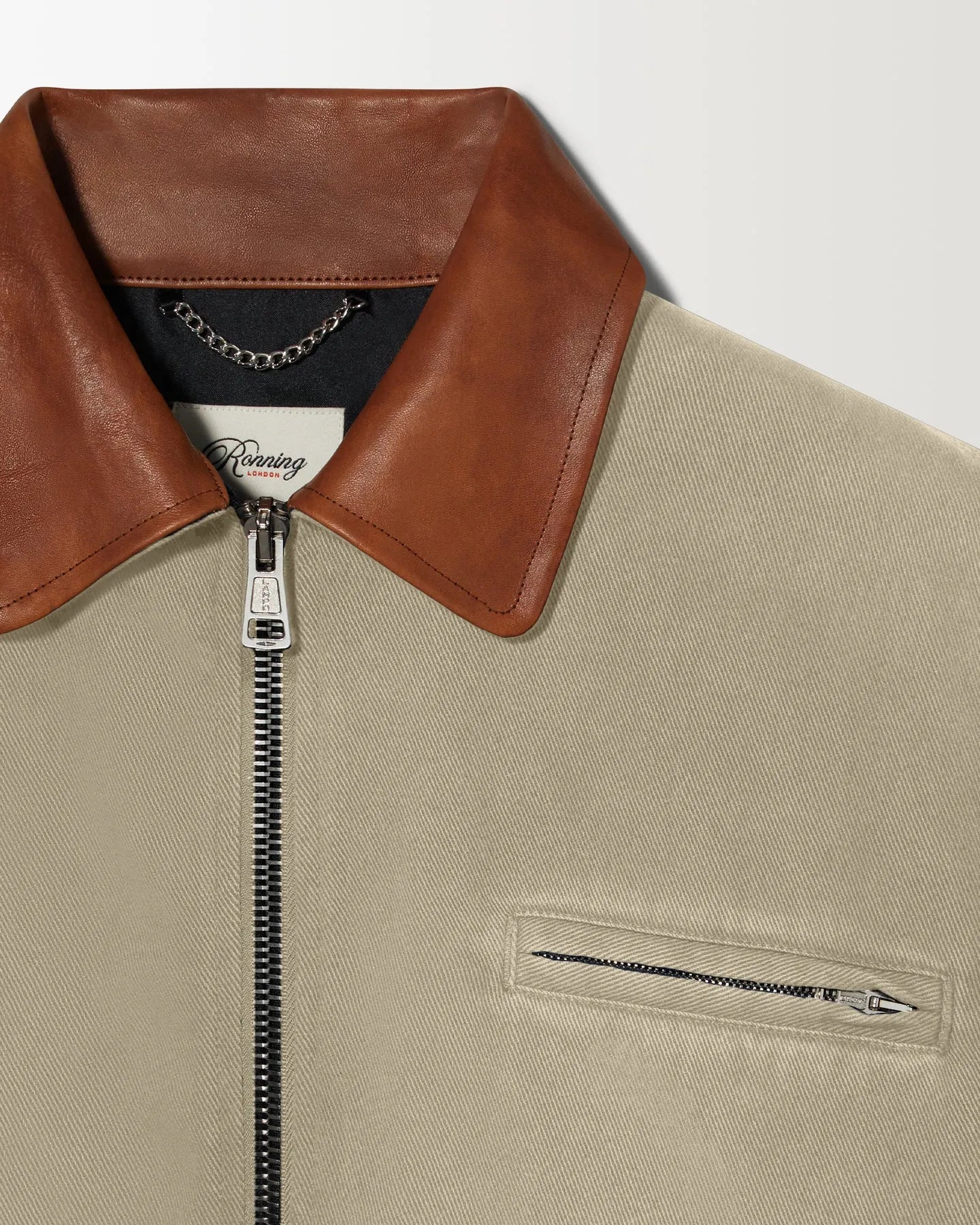 Leather collar detail of RONNING Work Jacket in Washed Sand