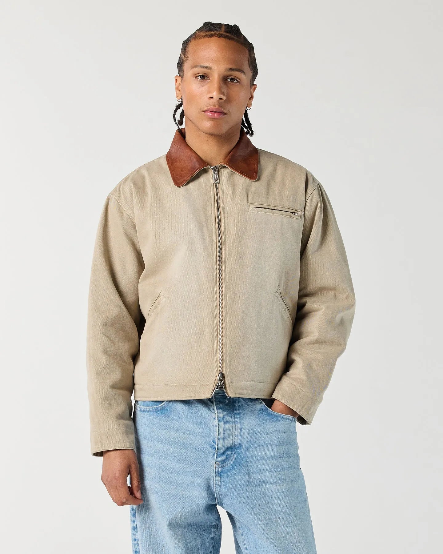 Model wearing RONNING Work Jacket in Washed Sand