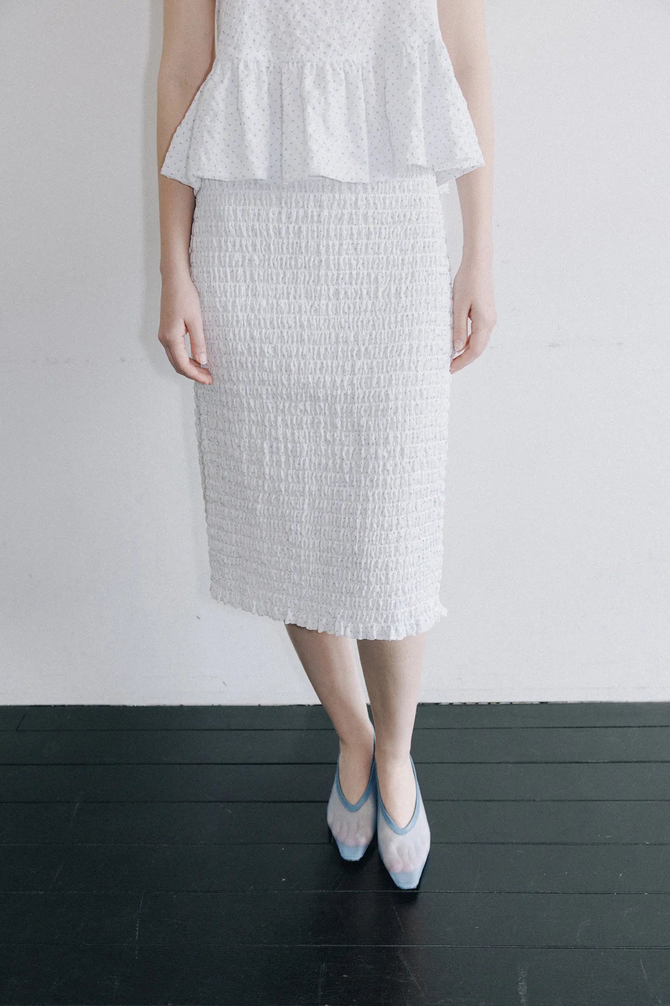 Smocked Banding Skirt in White styled with matching top