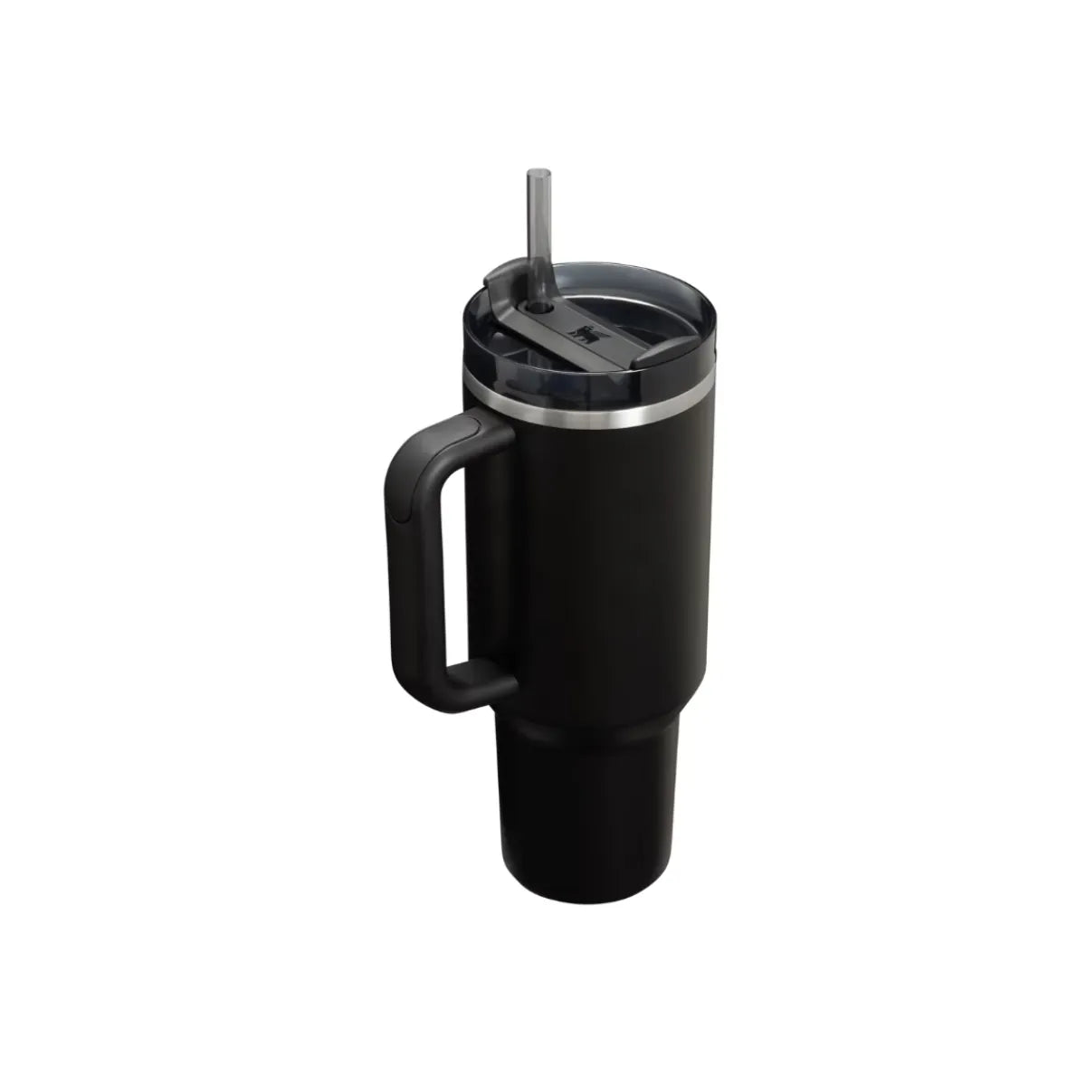 Angled view of Stanley Adventure Quencher H2.0 FlowState Tumbler 40 Oz Logo Black