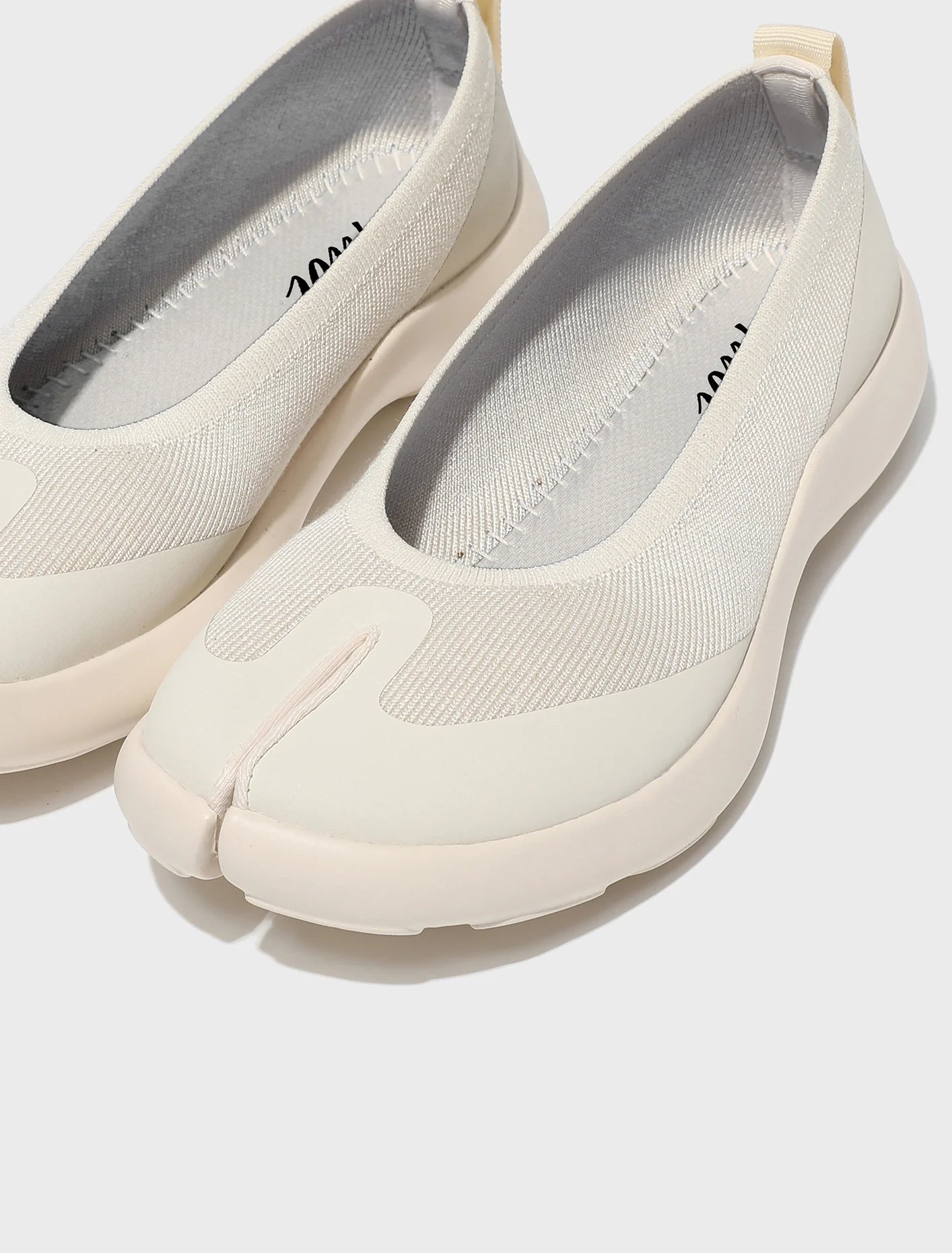 Tabi Ballerina Off White by Tabi split toe close up breathable knit upper