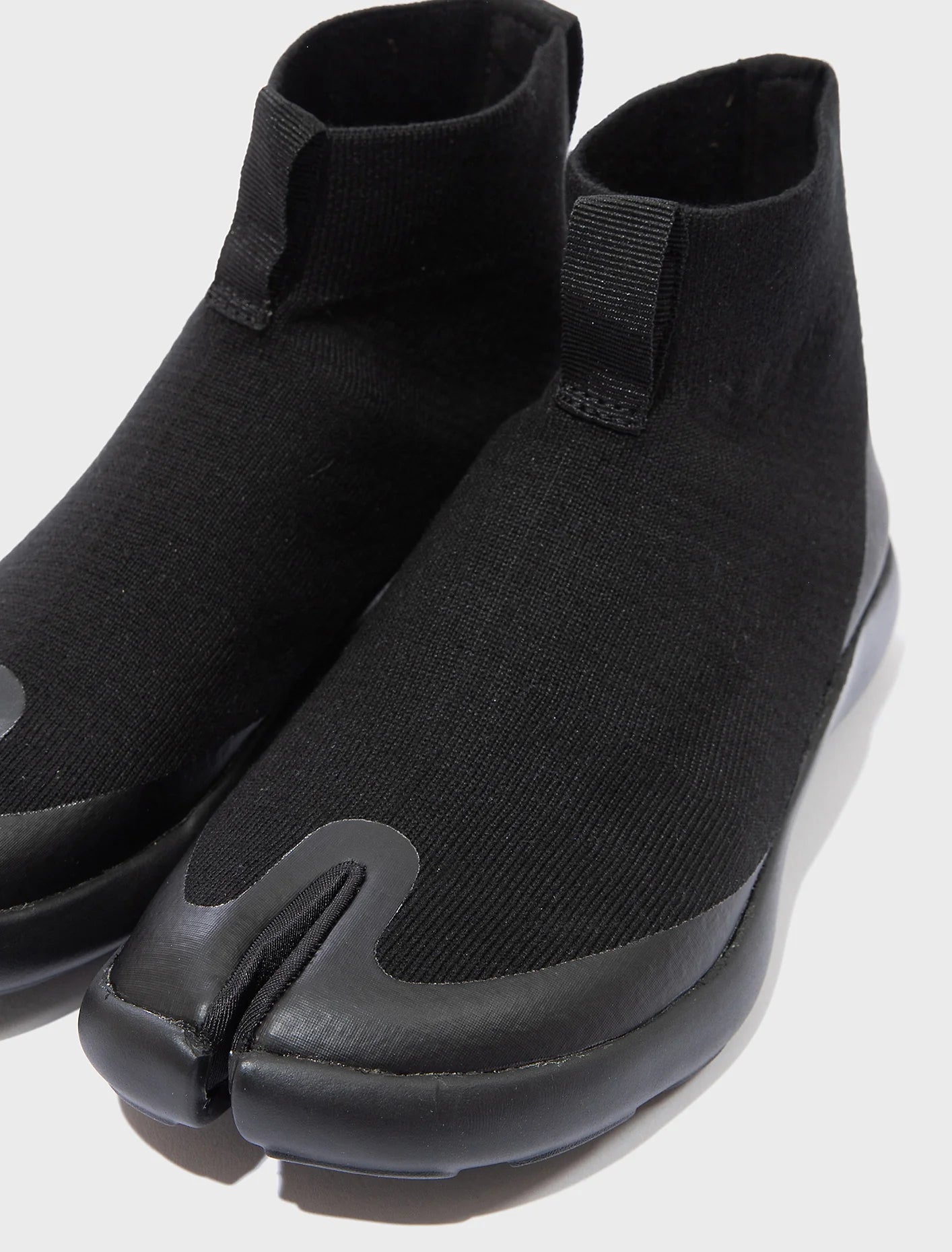 Tabi Hightop Black by Tabi split toe close up modern knit design