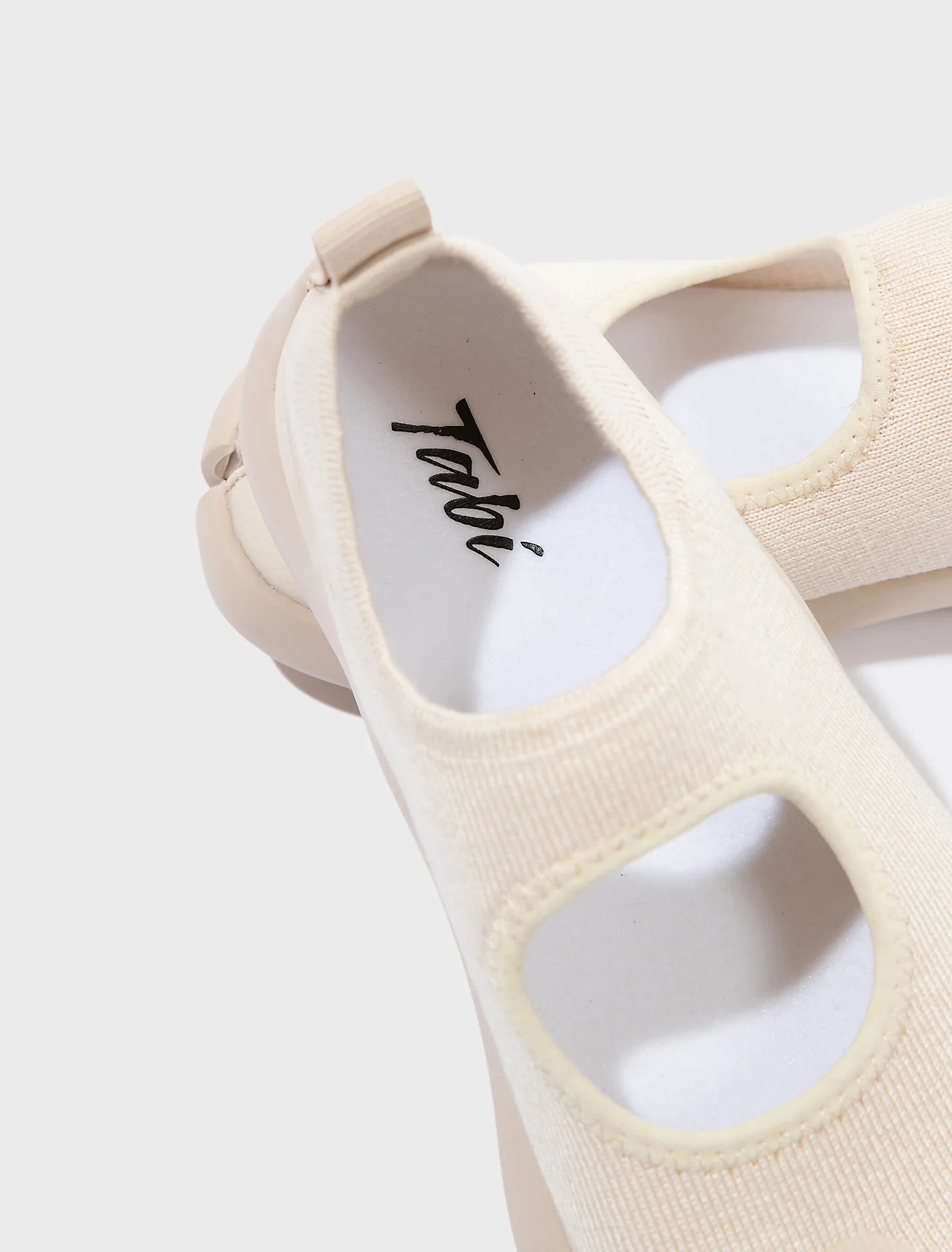 Tabi Sandal Off White by Tabi top view breathable knit upper detail