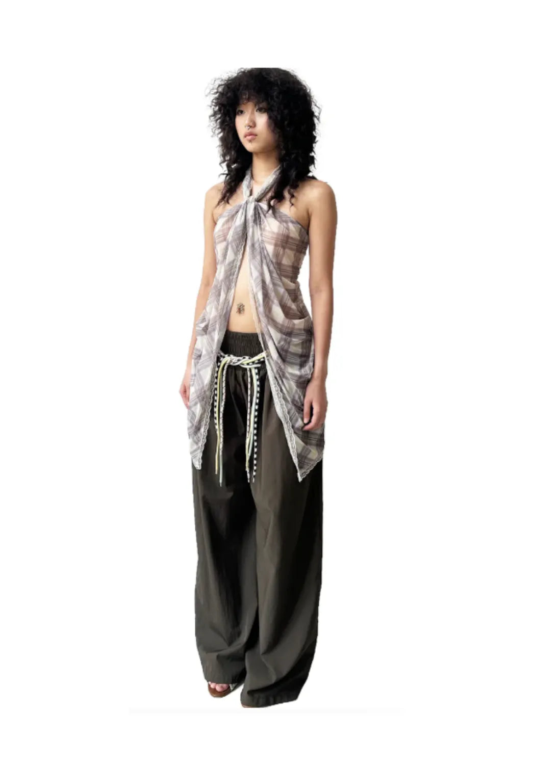 Model wearing Taottao 4-String Nylon Casual Pants in Dark Brown