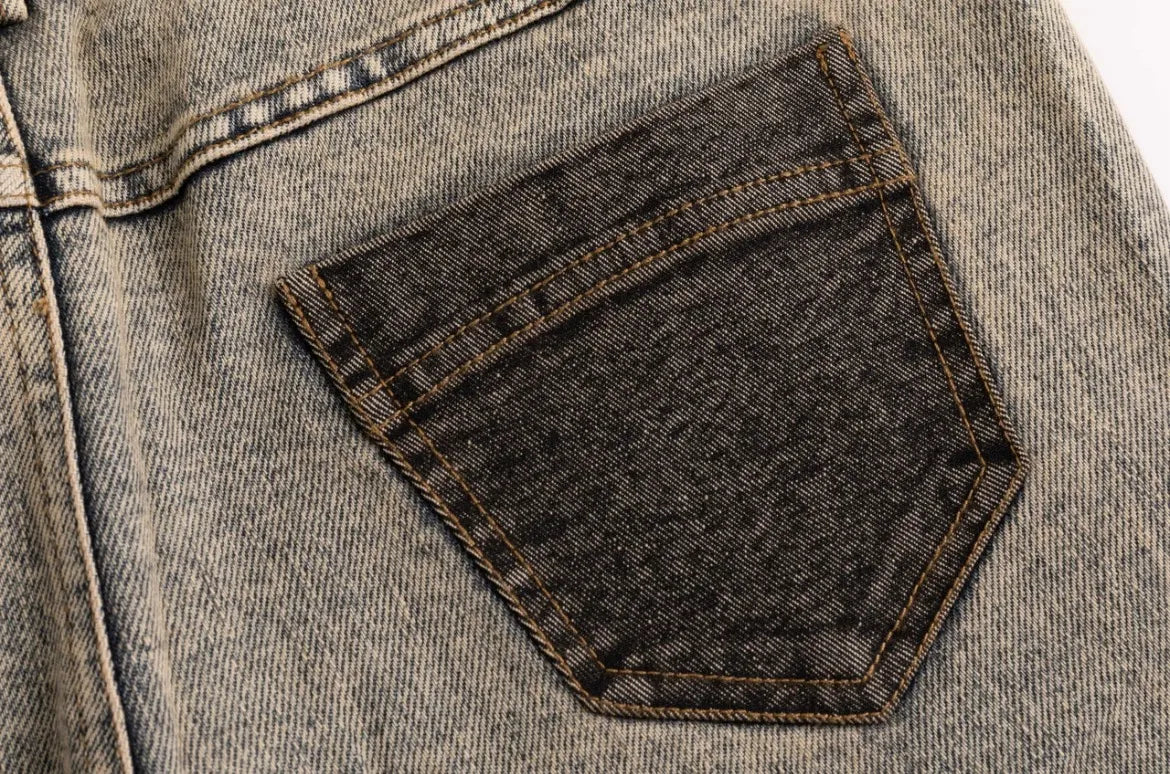 Taottao Black Blue Washout Stretch Denim Flared Jeans pocket detail