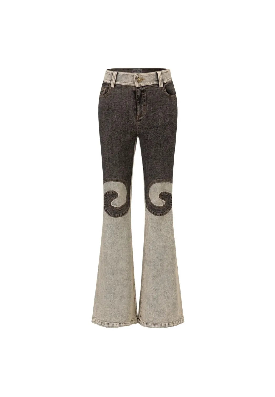 Taottao Black Blue Washout Stretch Denim Flared Jeans front view
