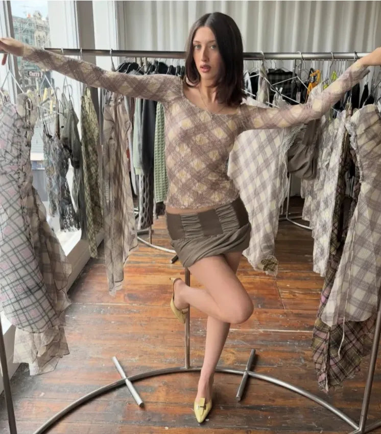 Model wearing Taottao Plaid Lace Off Shoulder Top in Porcelain