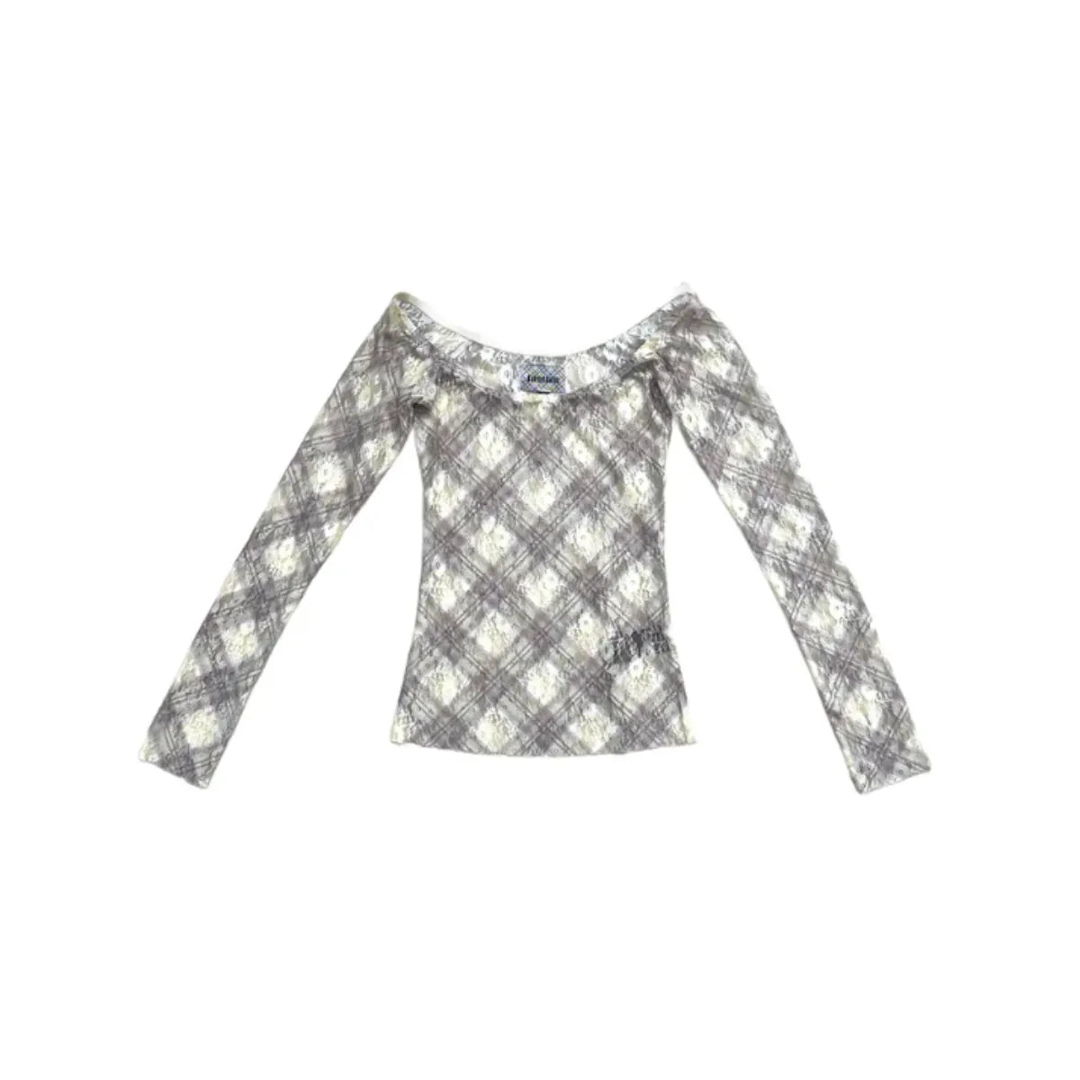 Taottao Plaid Lace Off Shoulder Top in Porcelain