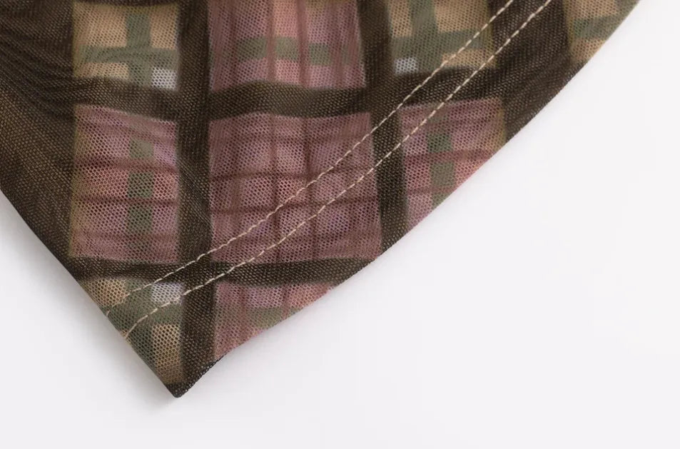 Close-up detail of Taottao Plaid Mesh Star Cutout T-Shirt in Purple Plaid