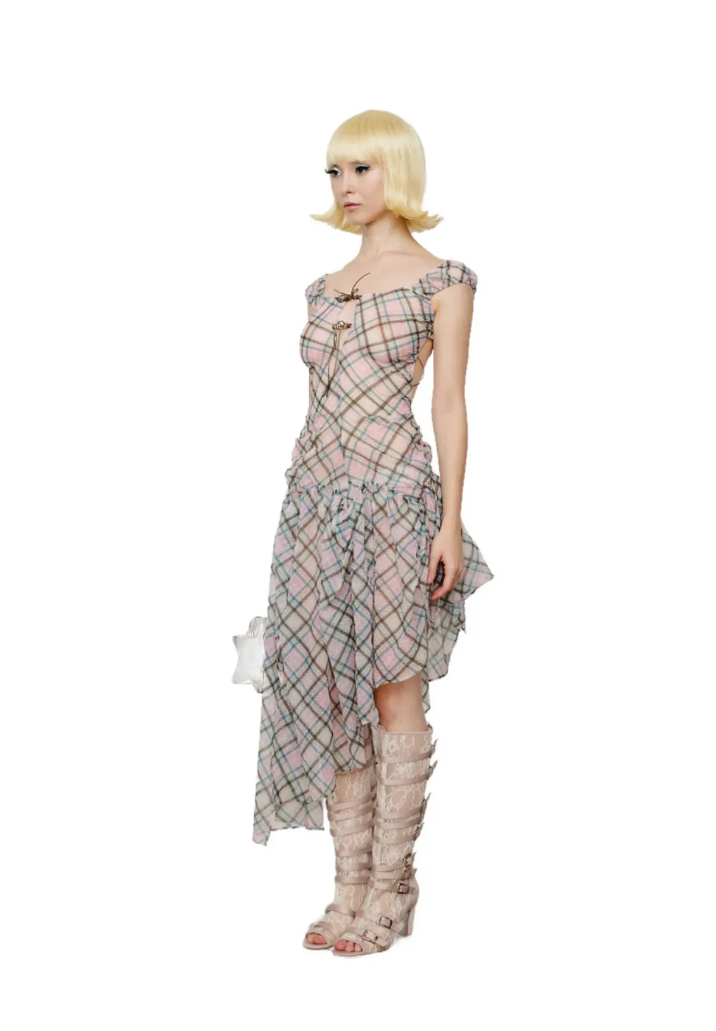 Model wearing Taottao Plaid Puff Chiffon Asymmetrical Dress in Dollhouse, angled view