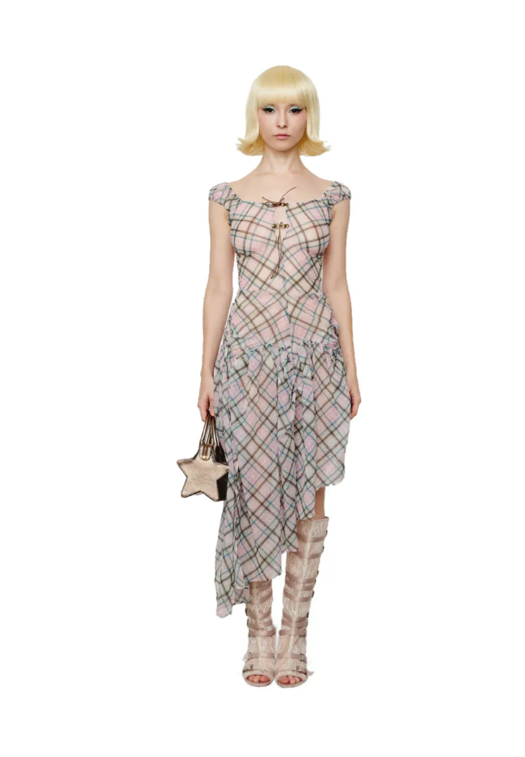 Model wearing Taottao Plaid Puff Chiffon Asymmetrical Dress in Dollhouse, front view