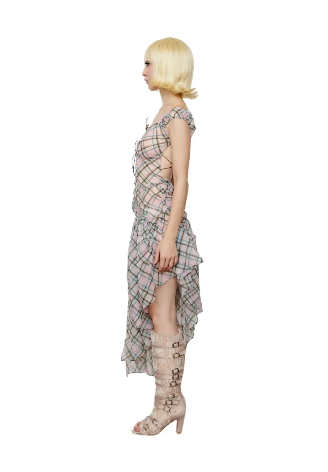 Model wearing Taottao Plaid Puff Chiffon Asymmetrical Dress in Dollhouse, side view