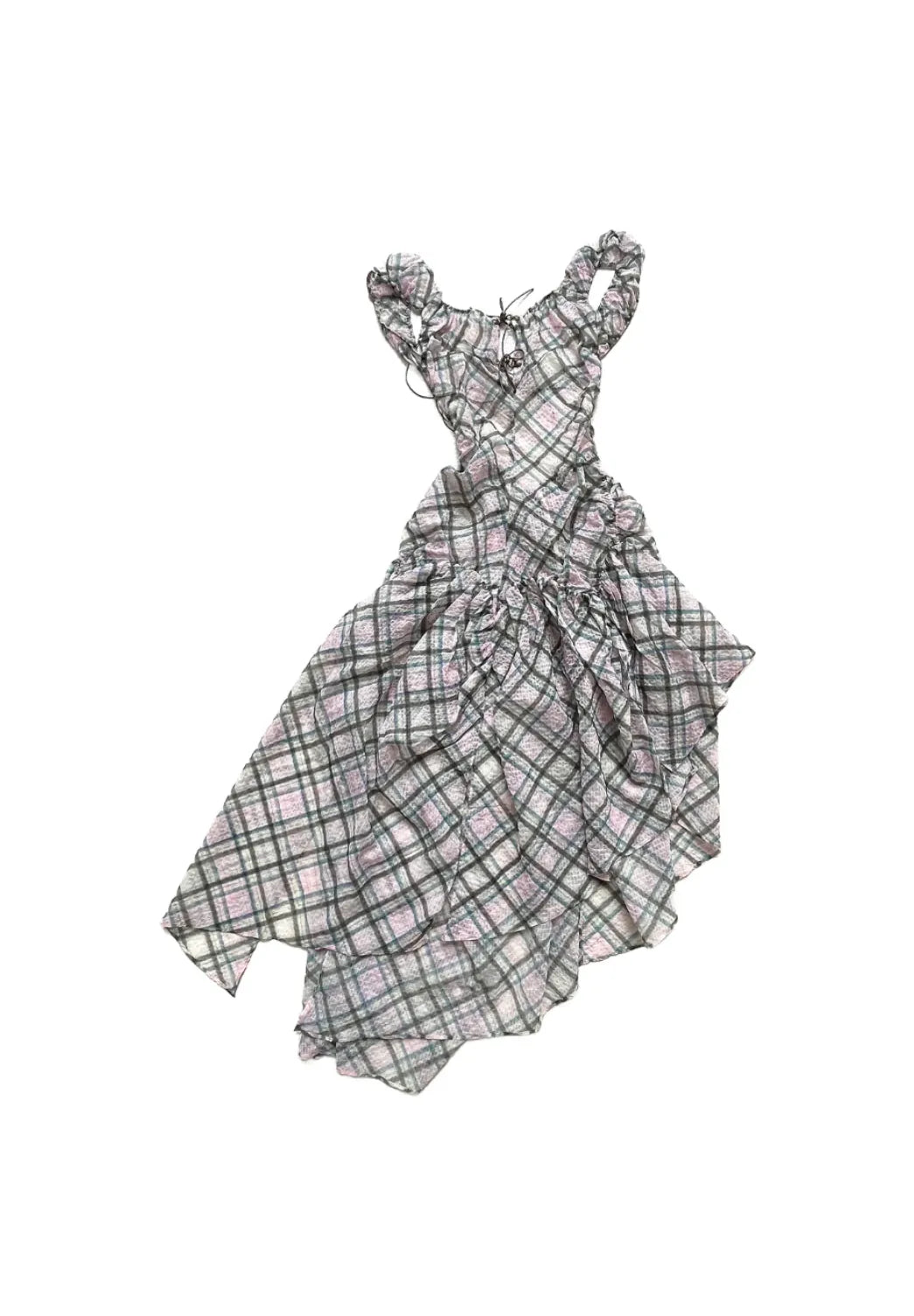 Taottao Plaid Puff Chiffon Asymmetrical Dress in Dollhouse
