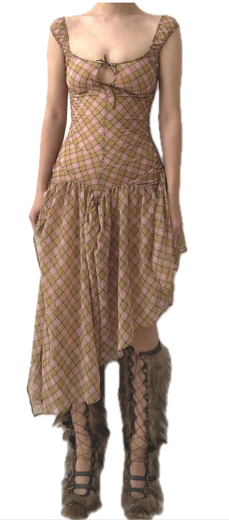 Taottao Plaid Puff Chiffon Asymmetrical Dress Fenlü front detail