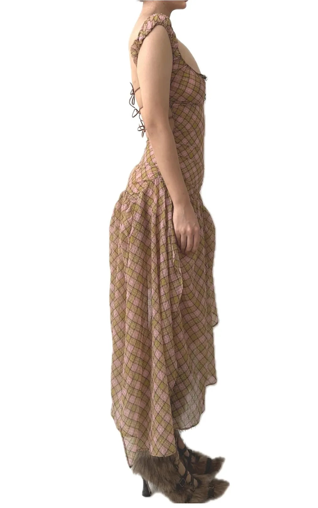 Taottao Plaid Puff Chiffon Asymmetrical Dress Fenlü full side view