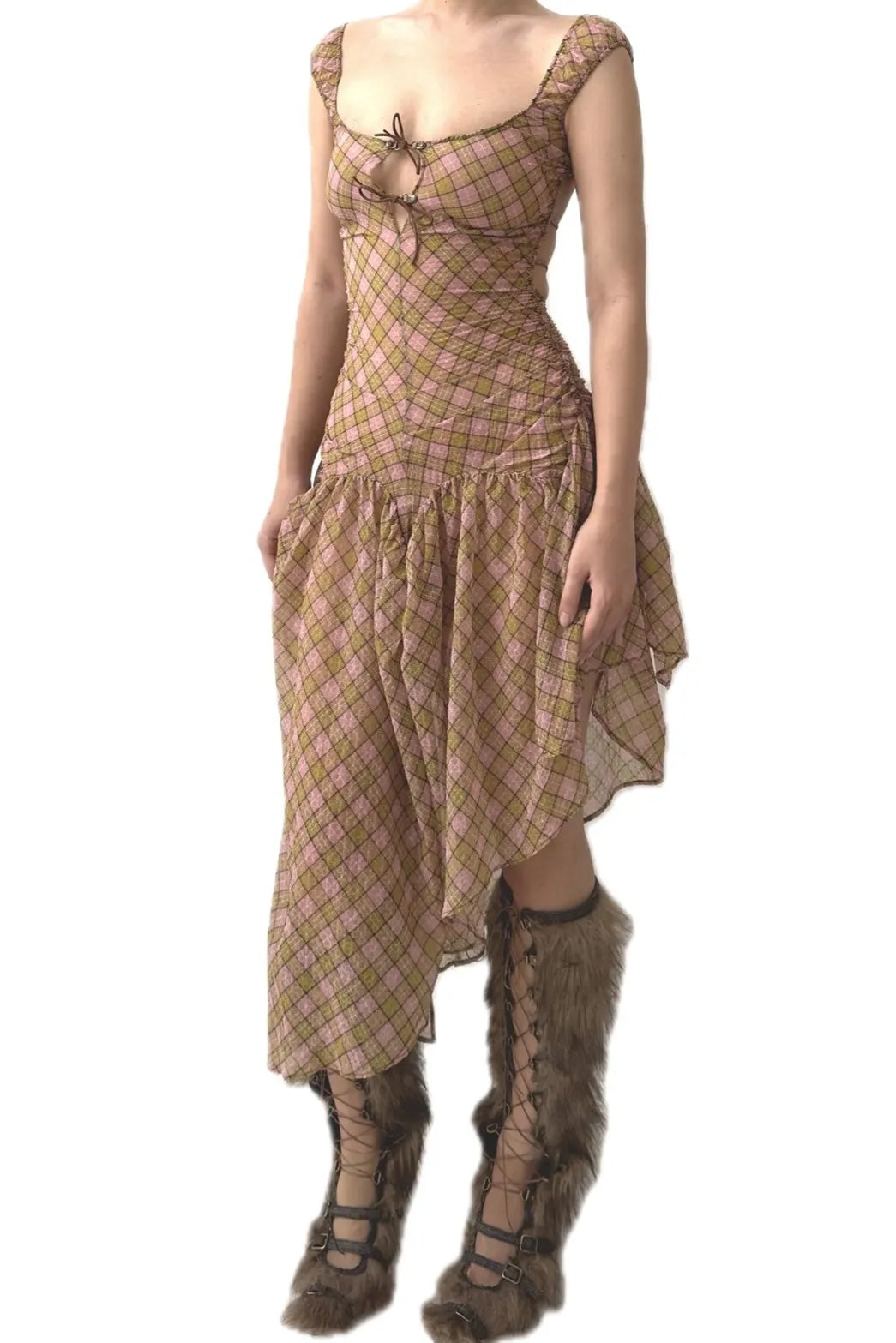 Taottao Plaid Puff Chiffon Asymmetrical Dress Fenlü side view