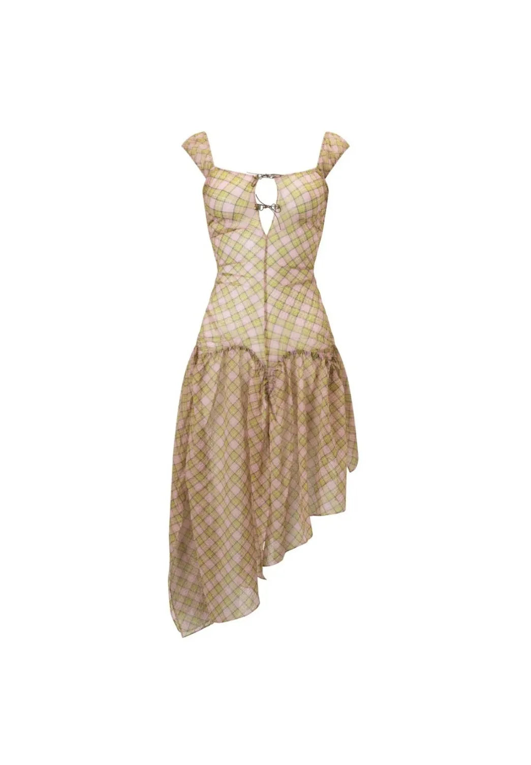 Taottao Plaid Puff Chiffon Asymmetrical Dress Fenlü front view