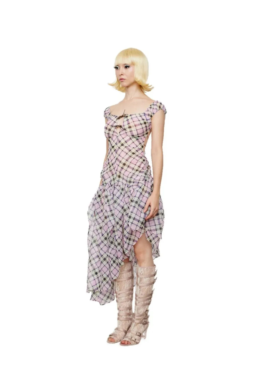 Taottao Plaid Puff Chiffon Asymmetrical Dress Lucid angled view on model