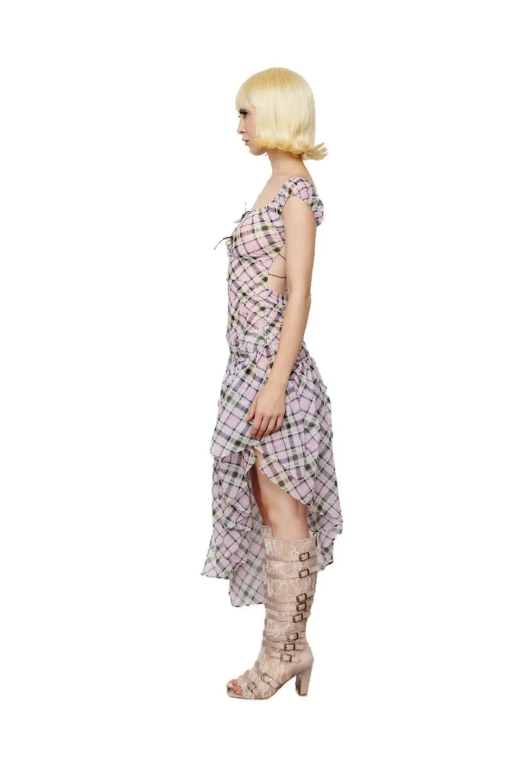 Taottao Plaid Puff Chiffon Asymmetrical Dress Lucid side view on model