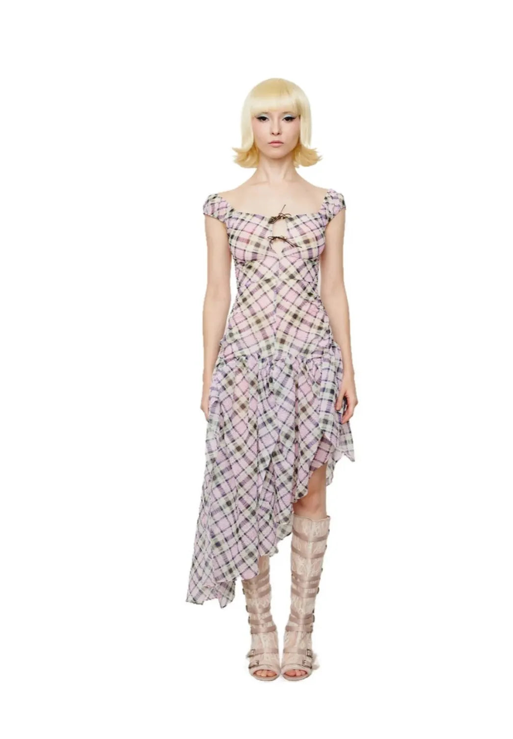 Taottao Plaid Puff Chiffon Asymmetrical Dress Lucid worn by model front view