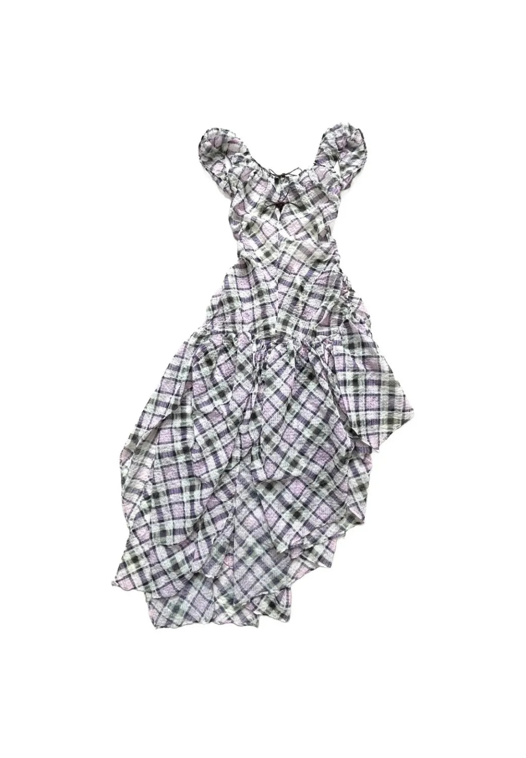 Taottao Plaid Puff Chiffon Asymmetrical Dress Lucid front view