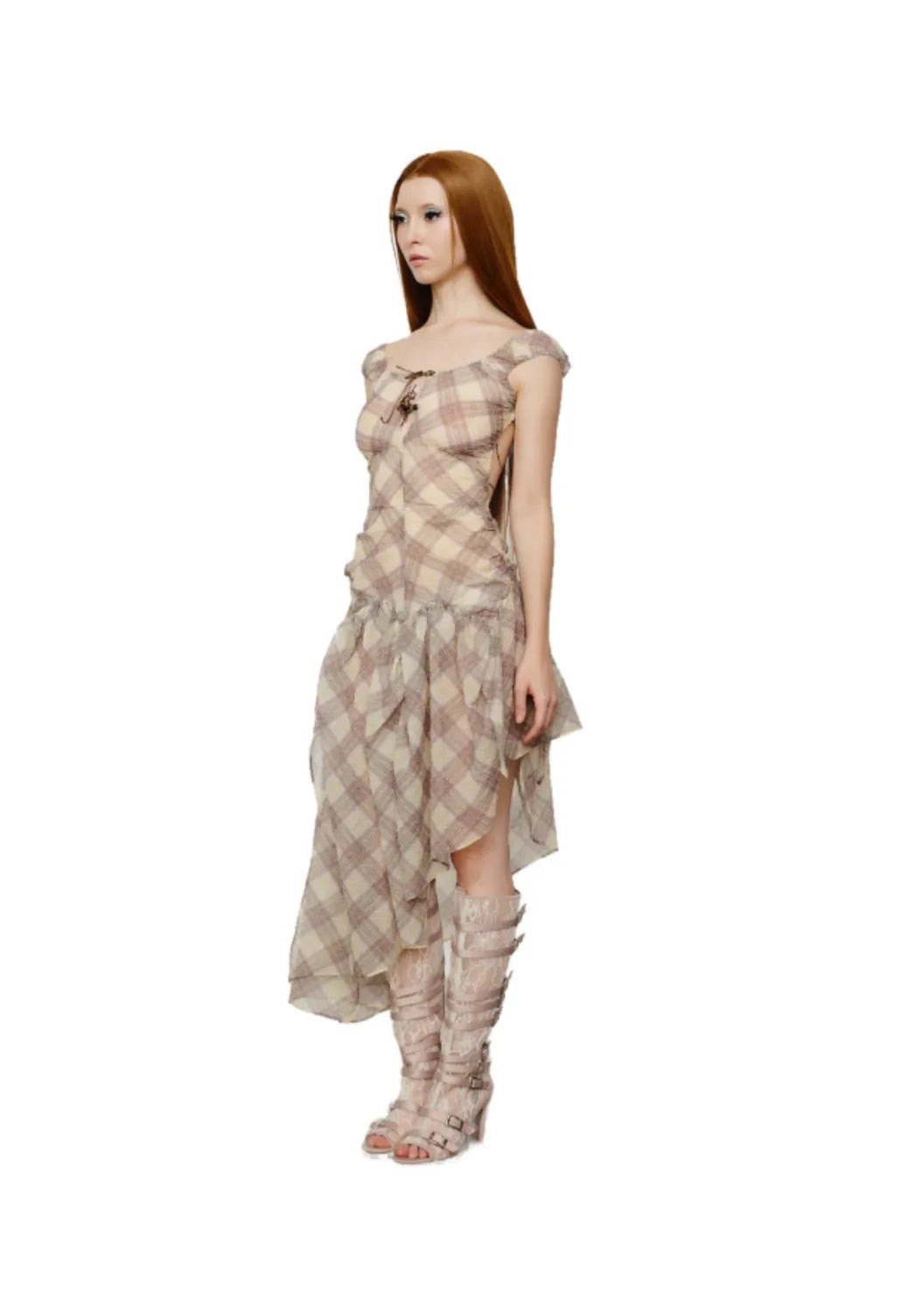 Model wearing Taottao Plaid Puff Chiffon Asymmetrical Dress in Porcelain, angled view