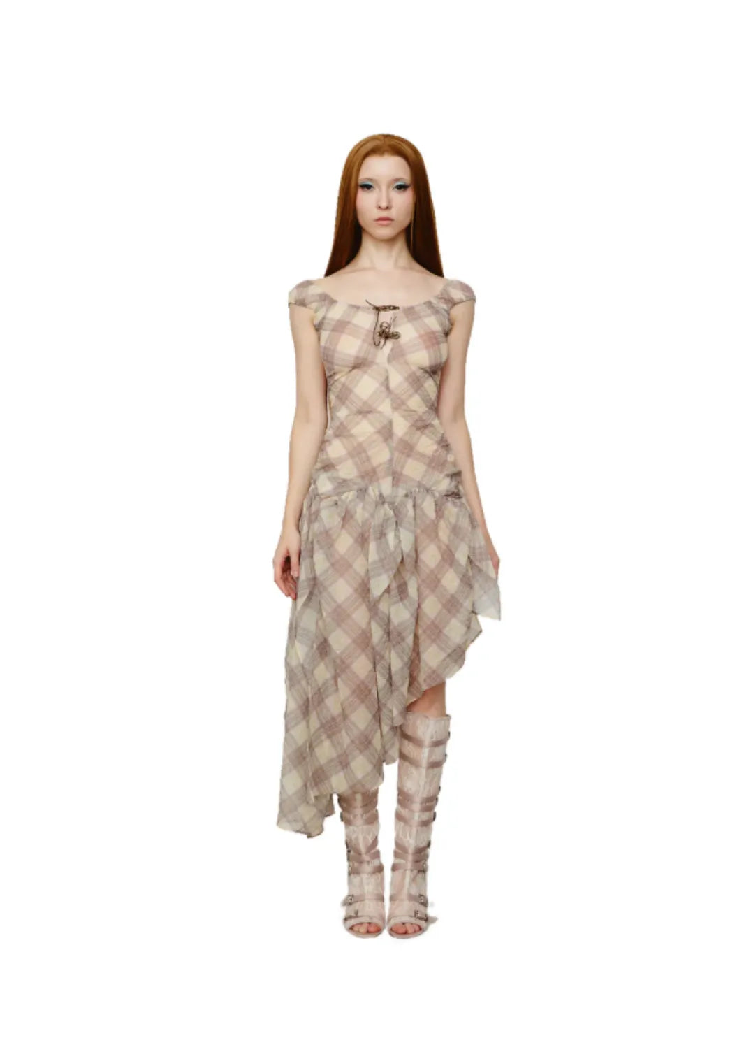 Model wearing Taottao Plaid Puff Chiffon Asymmetrical Dress in Porcelain, front view