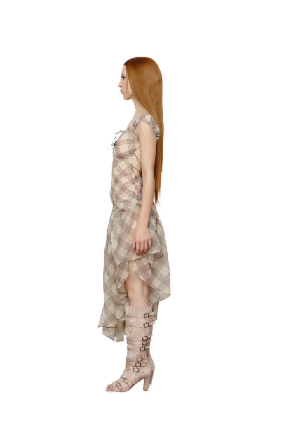 Model wearing Taottao Plaid Puff Chiffon Asymmetrical Dress in Porcelain, side view
