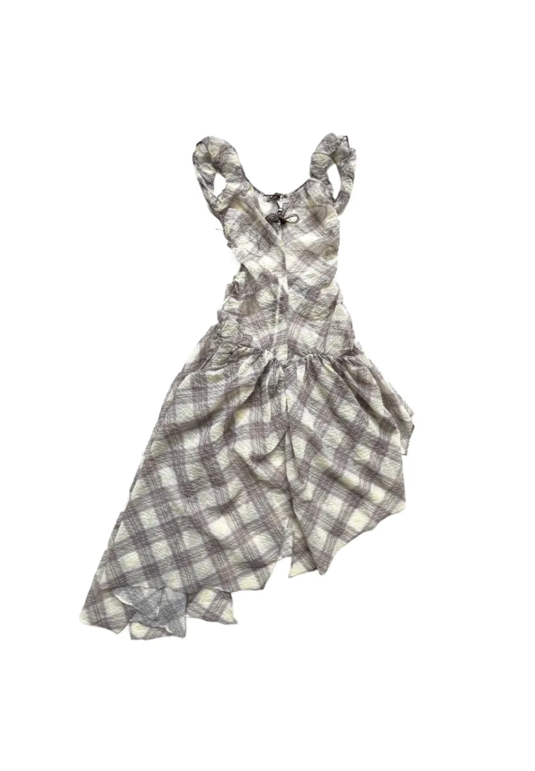 Taottao Plaid Puff Chiffon Asymmetrical Dress in Porcelain