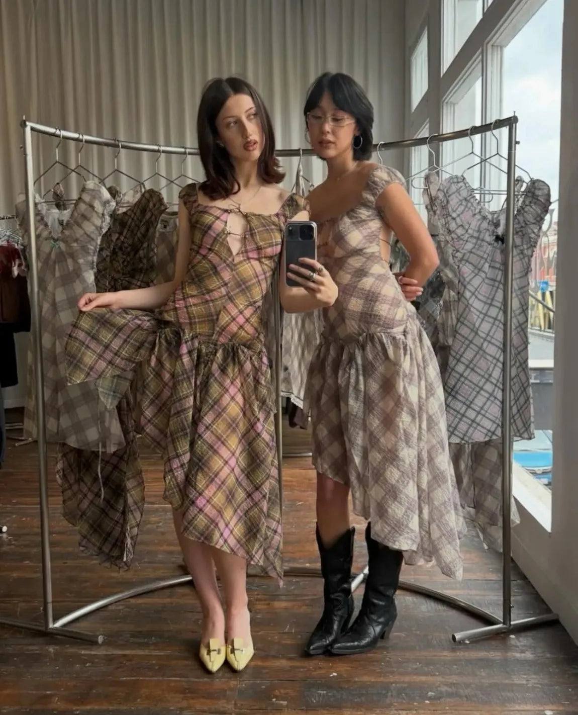 Taottao Plaid Puff Chiffon Asymmetrical Dress Smooky Plaid worn by model