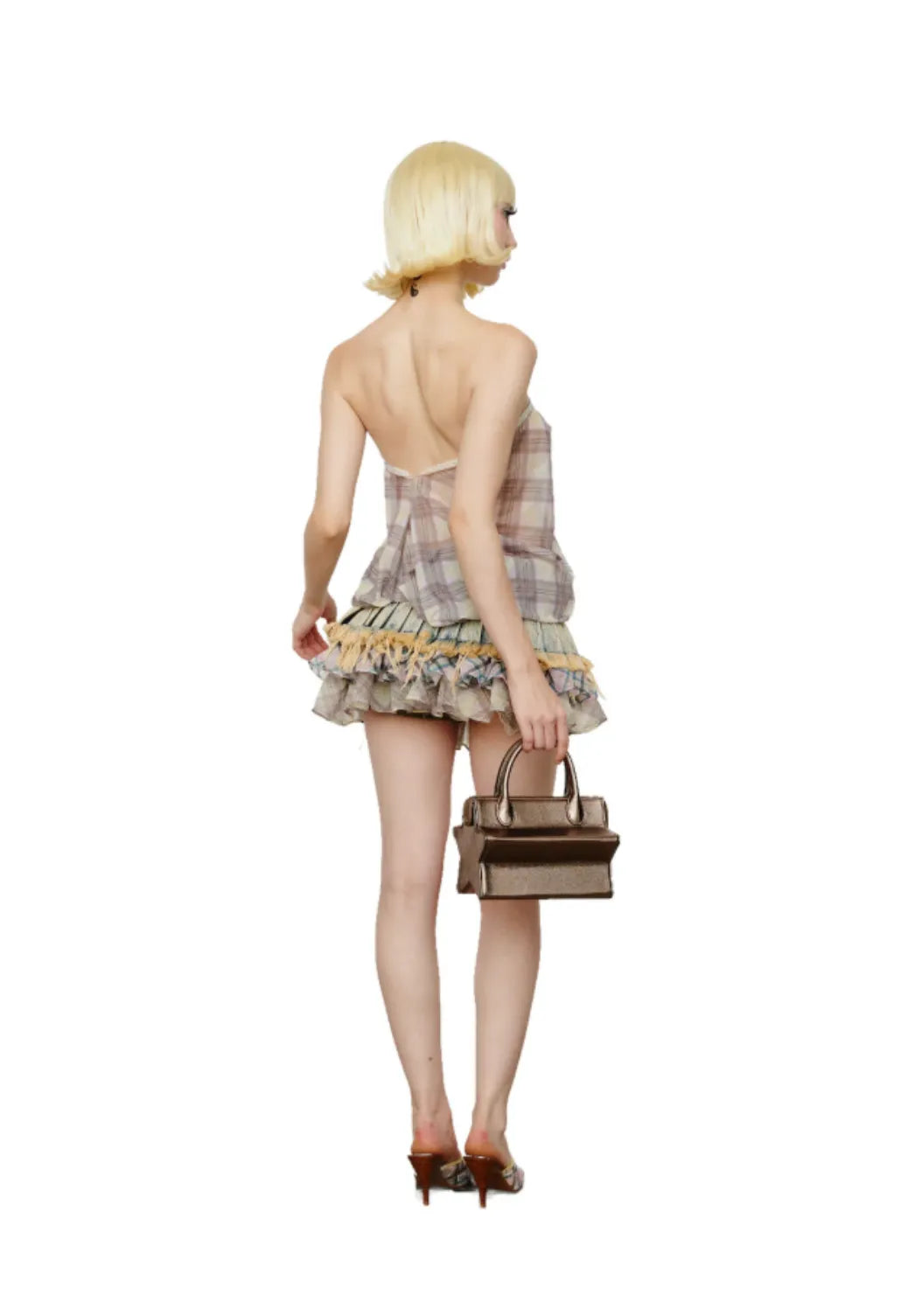 Model wearing Taottao Semi Sheer Lace Halter Top in Porcelain Plaid, back view
