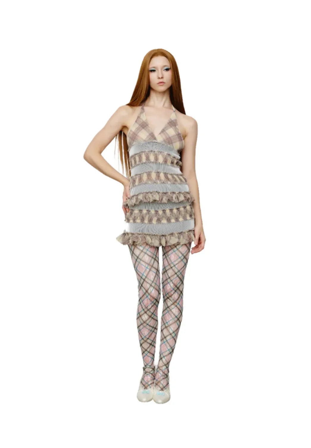 Taottao Stripe Rib Chiffon Halter Top in Porcelain worn