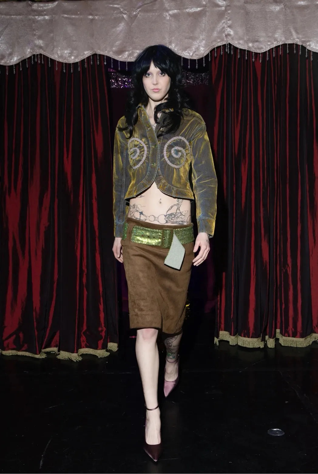 Taottao Suede Sequins Belted Wrap Skirt Orange worn by model