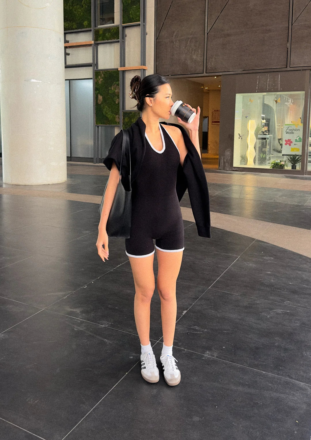 Wearrame Camellia Halter Knit Suit In Black neckline detail