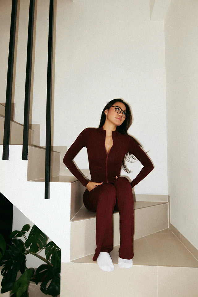 WearRame Core Luxe Scrunch Waist Flare Pants Burgundy close fit