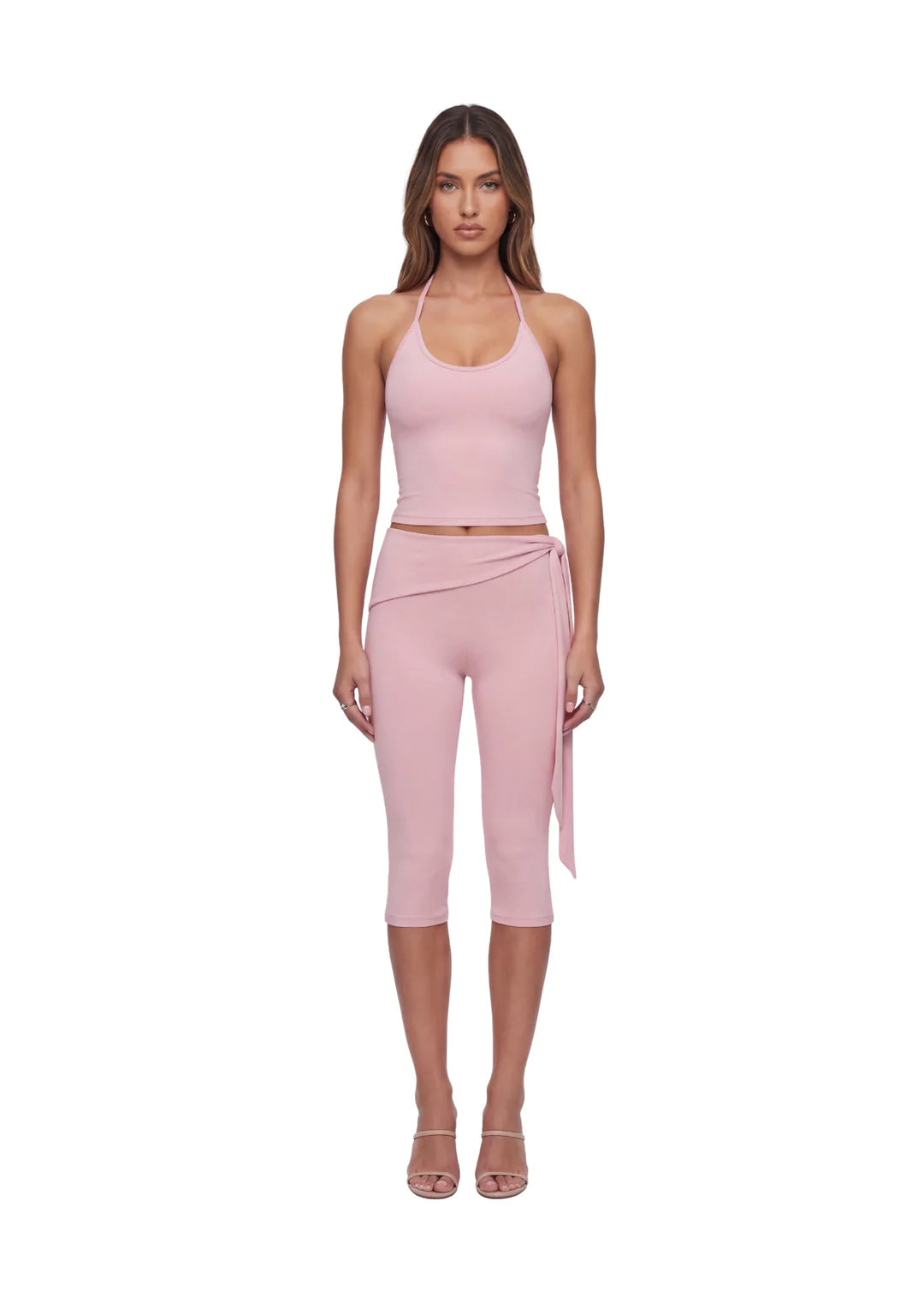 Female model wearing wearrame Marina Tie-Back Halter Top in Blush pink with matching pants